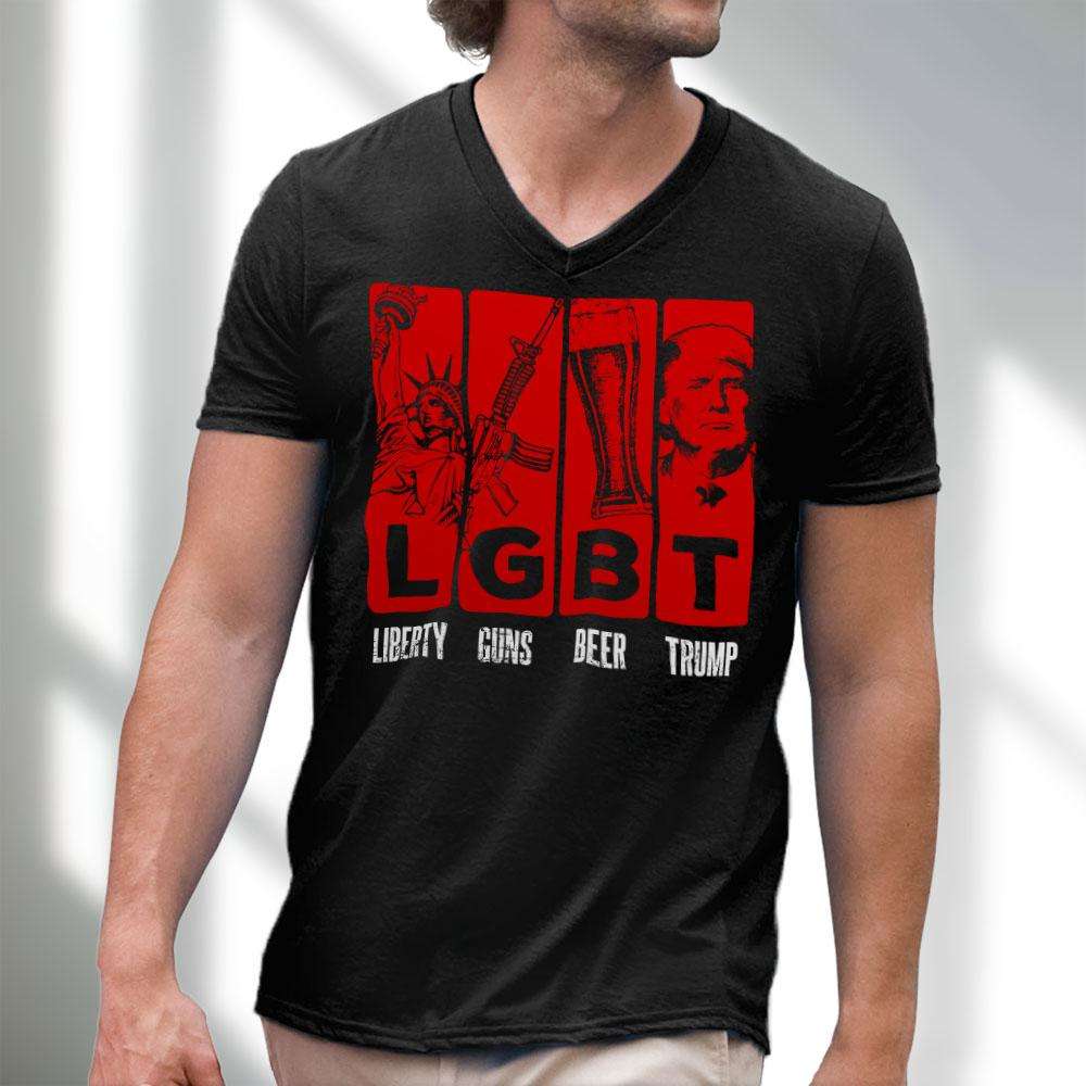 Designs by MyUtopia Shout Out:Liberty Guns Beer Trump Humor LGBT Men's Printed V-Neck T-Shirt