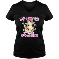 Load image into Gallery viewer, Designs by MyUtopia Shout Out:Life Is Better with a Calico Ladies V Neck Tee,Black / S,Ladies T-Shirts
