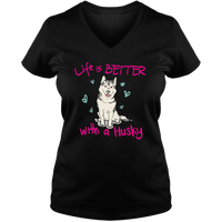 Load image into Gallery viewer, Designs by MyUtopia Shout Out:Life Is Better with a Husky Ladies V Neck Tee,Black / S,Ladies T-Shirts
