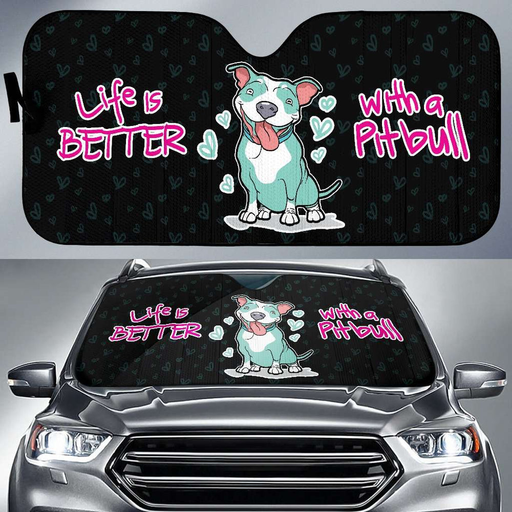 Designs by MyUtopia Shout Out:Life Is Better with a Pitbull Car Sun Shield,Black / Universal Fit,Car Sun Shield