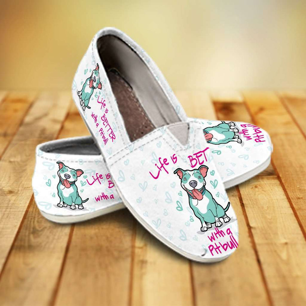 Designs by MyUtopia Shout Out:Life is better with a Pitbull Casual  Canvas Slip-on Flats White