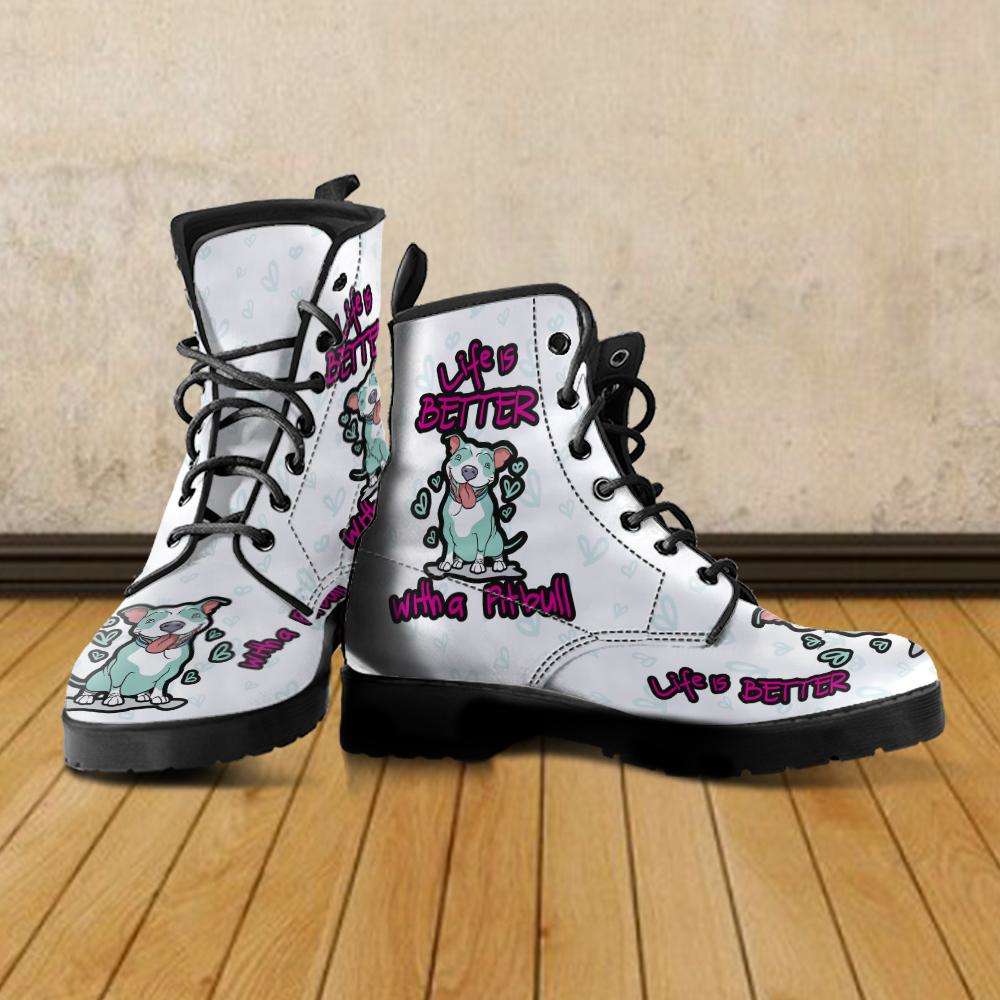 Designs by MyUtopia Shout Out:Life is Better with a Pitbull Faux-Leather Ankle Boots - White