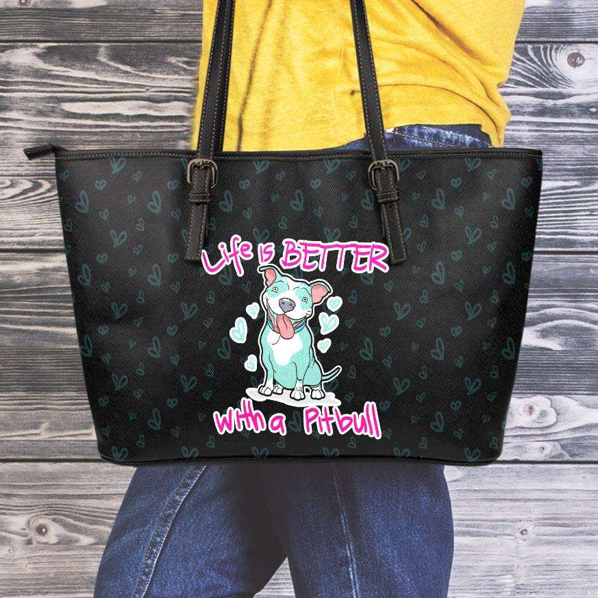 Designs by MyUtopia Shout Out:Life Is Better with a Pitbull Faux Leather Totebag Purse,Black / Medium (10 T x 16 x 5),tote bag purse