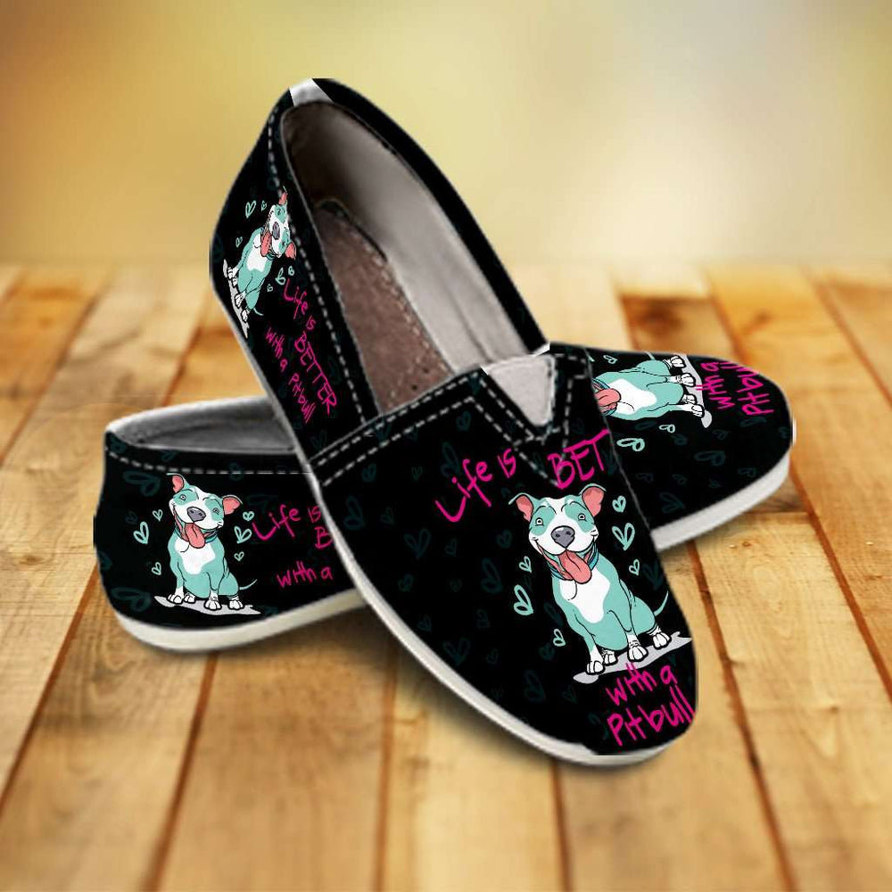 Designs by MyUtopia Shout Out:Life is better with a Pitbull Ladies Canvas Slip On Flats Black