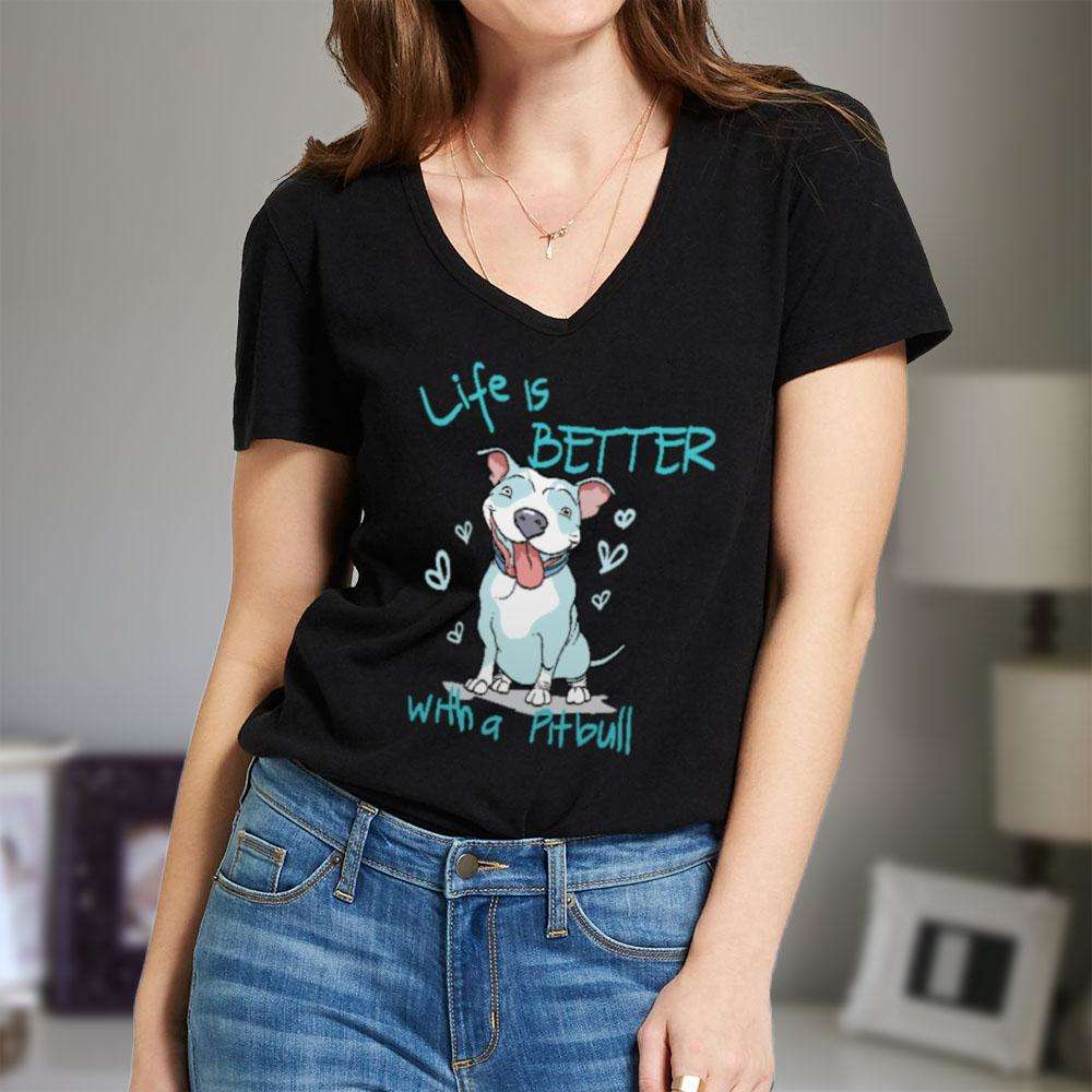 Designs by MyUtopia Shout Out:Life is Better With a Pitbull Ladies V Neck Tee