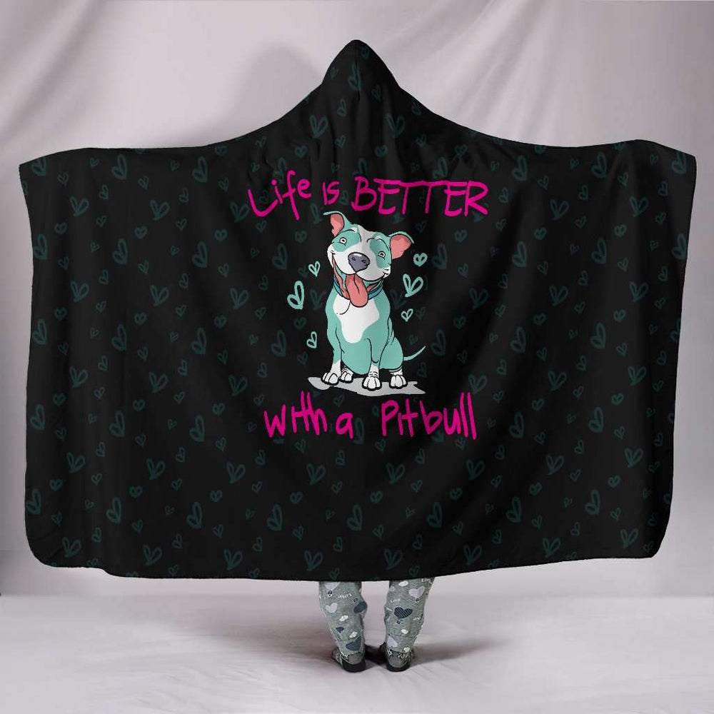 Designs by MyUtopia Shout Out:Life Is Better with a Pitbull Premium Vegan Suede Hooded Blanket (80x60 & 60x45),Black / Youth 60"x45",Hooded Blanket
