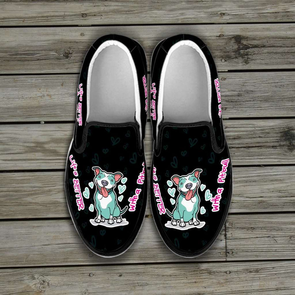 Designs by MyUtopia Shout Out:Life is Better with a Pitbull Slip-on Sneakers - Black,Men's US8 (EU40) / Black,Slip on sneakers