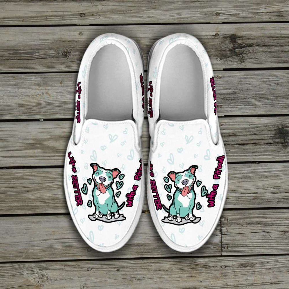 Designs by MyUtopia Shout Out:Life is Better with a Pitbull Slip-on Sneakers - White,Men's Slip Ons - Black - Men's / Men's US8 (EU40) / White,Slip on sneakers