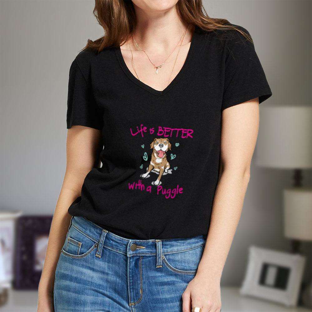 Designs by MyUtopia Shout Out:Life Is Better with a Puggle Ladies V Neck Tee