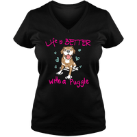 Load image into Gallery viewer, Designs by MyUtopia Shout Out:Life Is Better with a Puggle Ladies V Neck Tee,Black / S,Ladies T-Shirts
