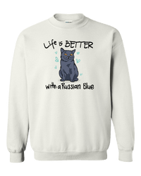 Load image into Gallery viewer, Designs by MyUtopia Shout Out:Life Is Better with a Russian Blue Adult Crewneck Sweat Shirt,White / S,Sweatshirts
