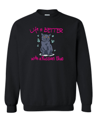 Load image into Gallery viewer, Designs by MyUtopia Shout Out:Life Is Better with a Russian Blue Adult Crewneck Sweat Shirt,Black / S,Sweatshirts
