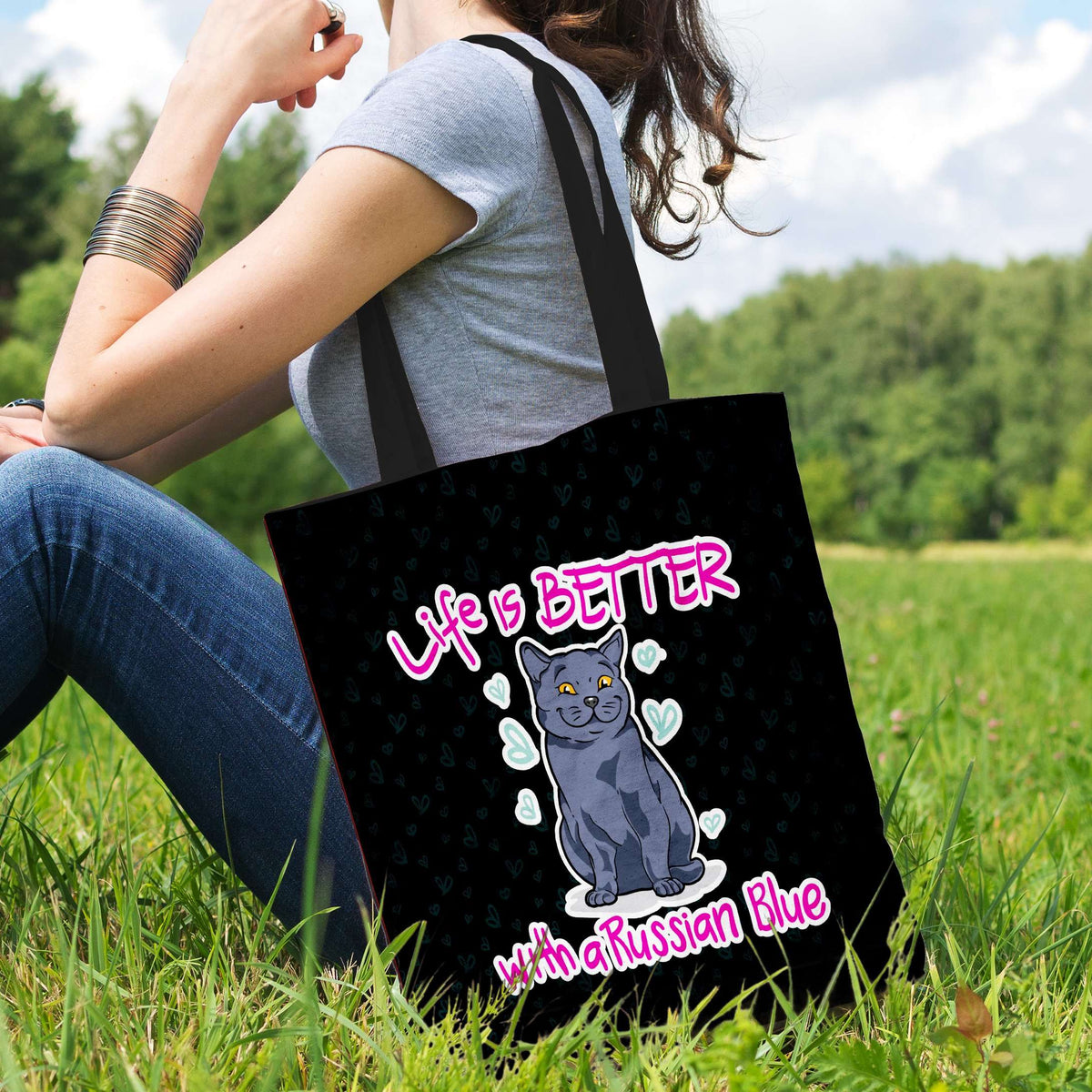 Designs by MyUtopia Shout Out:Life Is Better with a Russian Blue Fabric Totebag Reusable Shopping Tote
