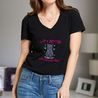 Load image into Gallery viewer, Designs by MyUtopia Shout Out:Life Is Better with a Russian Blue Ladies V Neck Tee

