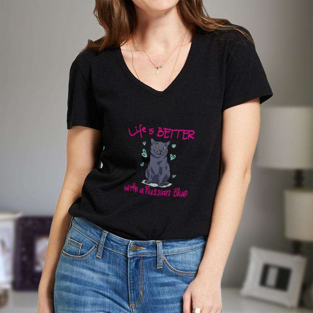 Designs by MyUtopia Shout Out:Life Is Better with a Russian Blue Ladies V Neck Tee