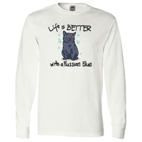 Load image into Gallery viewer, Designs by MyUtopia Shout Out:Life Is Better with a Russian Blue Long Sleeve T-Shirt,White / S,Long Sleeve T-Shirts
