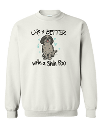 Load image into Gallery viewer, Designs by MyUtopia Shout Out:Life Is Better with a Shih Poo Adult Crewneck Sweat Shirt,White / S,Sweatshirts
