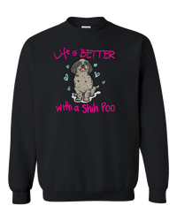 Load image into Gallery viewer, Designs by MyUtopia Shout Out:Life Is Better with a Shih Poo Adult Crewneck Sweat Shirt,Black / S,Sweatshirts
