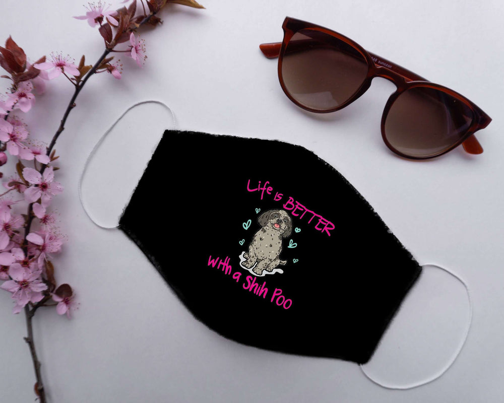 Designs by MyUtopia Shout Out:Life Is Better with a Shih Poo Adult Fabric Face Mask with Elastic Ear Loops