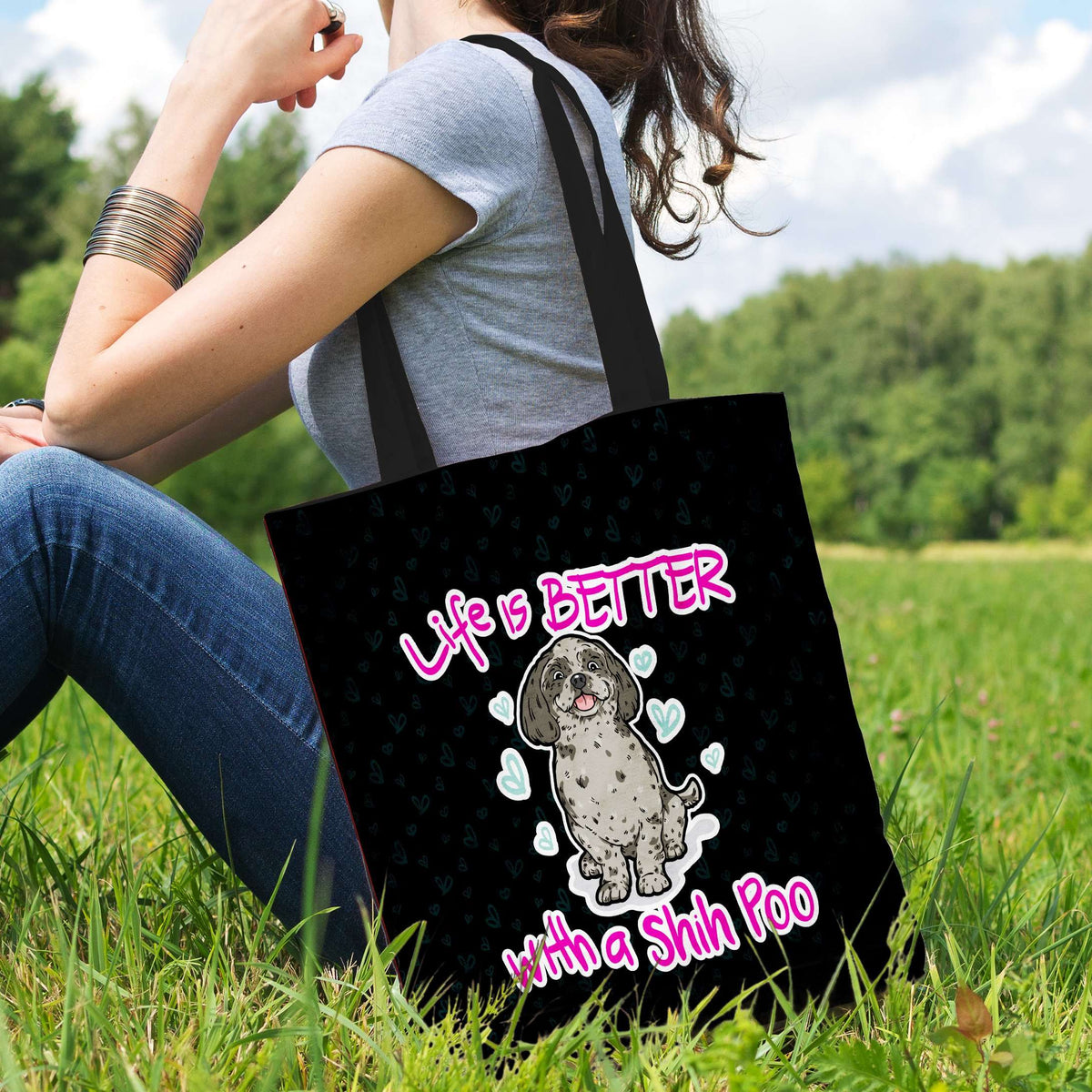 Designs by MyUtopia Shout Out:Life Is Better with a Shih Poo Fabric Totebag Reusable Shopping Tote