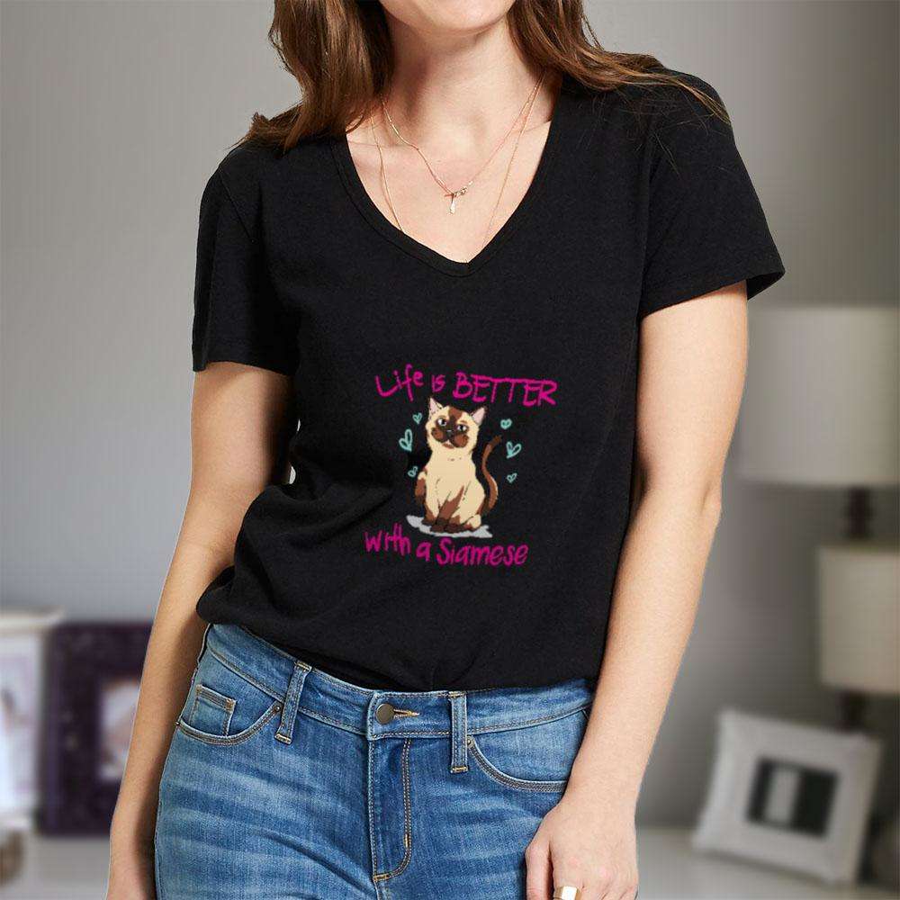 Designs by MyUtopia Shout Out:Life Is Better with a Siamese Ladies V Neck Tee
