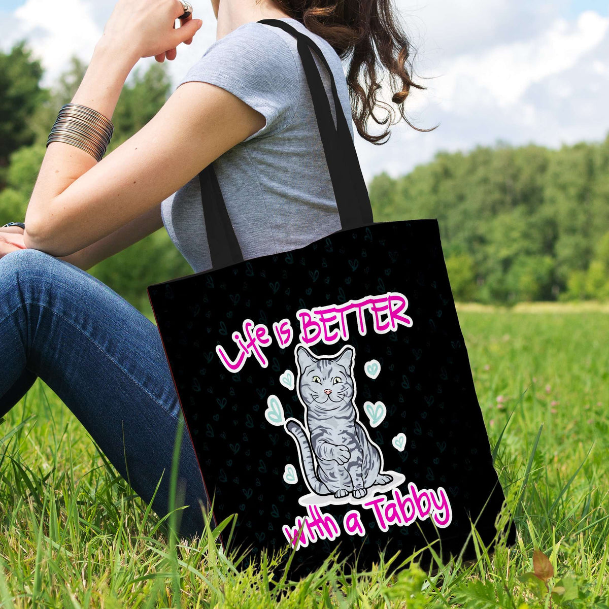 Designs by MyUtopia Shout Out:Life Is Better with a Tabby Fabric Totebag Reusable Shopping Tote
