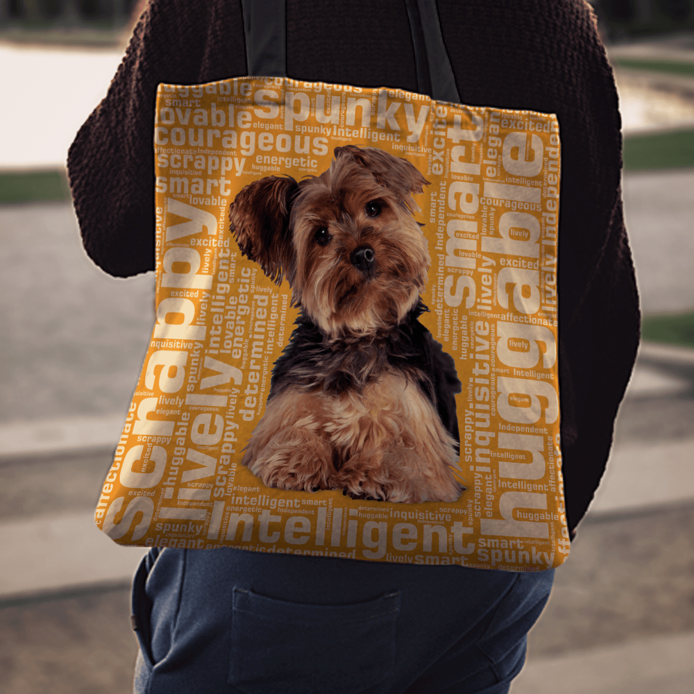 Designs by MyUtopia Shout Out:Lively Yorkie Word Cloud Fabric Totebag Reusable Shopping Tote