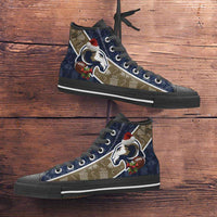 Load image into Gallery viewer, Designs by MyUtopia Shout Out:Los Angeles Rams Christmas Football Pattern Canvas High Top Shoes,Men&#39;s / Mens US 5 (EU38) / Blue/Brown,High Top Sneakers
