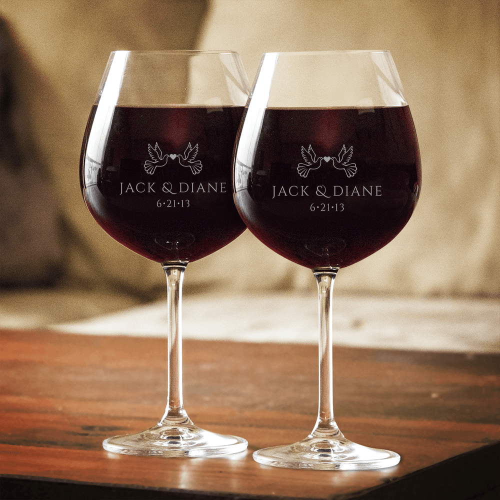 Designs by MyUtopia Shout Out:Love Birds Wine Glass Set (Pair) Personalized Engraving
