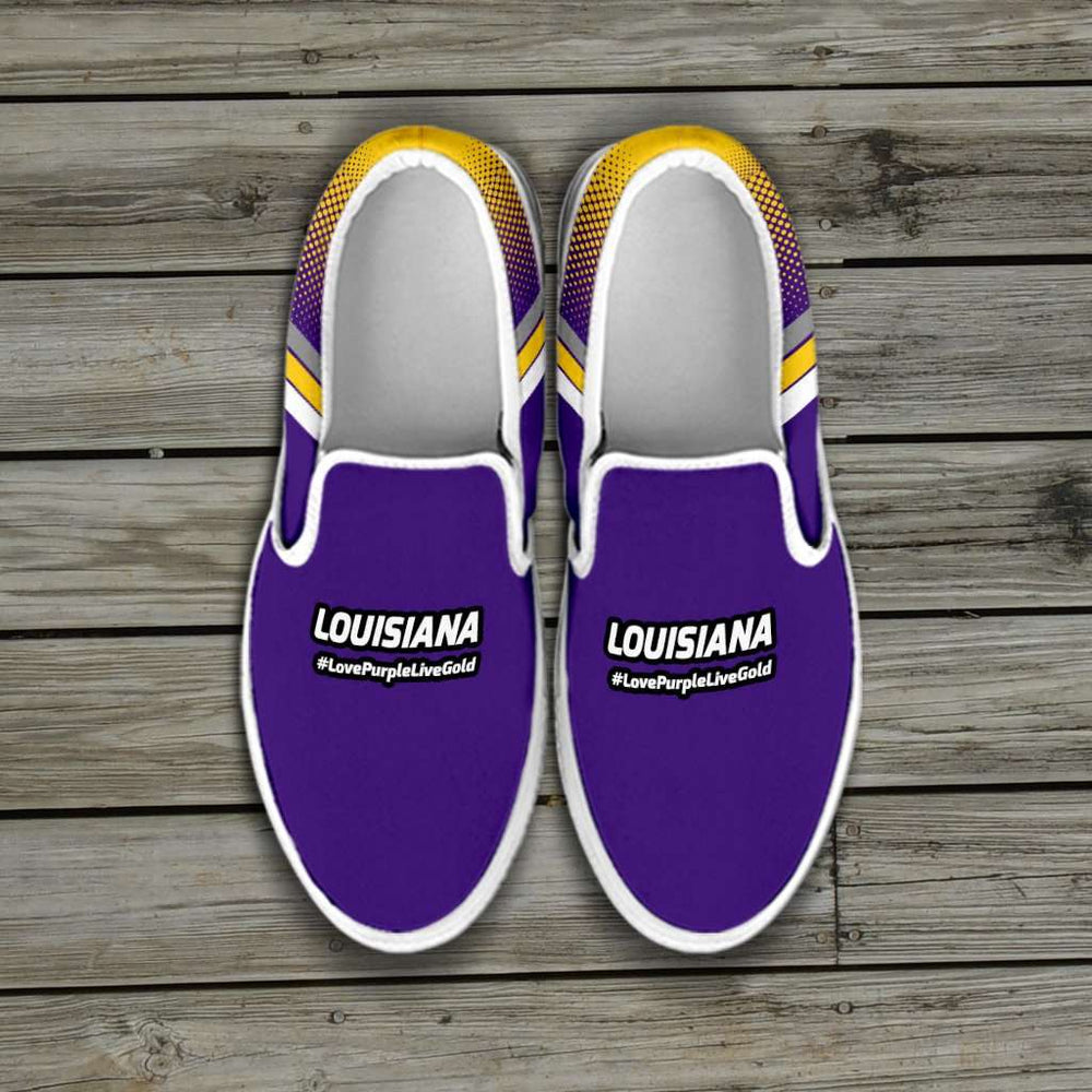 Designs by MyUtopia Shout Out:Love Purple Live Gold Louisiana Football Fan Slip-on Sneakers,Men's / Men's US8 (EU40) / Purple,Slip on sneakers