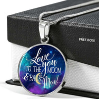 Load image into Gallery viewer, Designs by MyUtopia Shout Out:Love you to the Moon and Back Mom Handcrafted Pendant Necklace Optional Message Engraved on back Personalized Gift For Her,Surgical Stainless Steel / No,Circle Pendant Necklace
