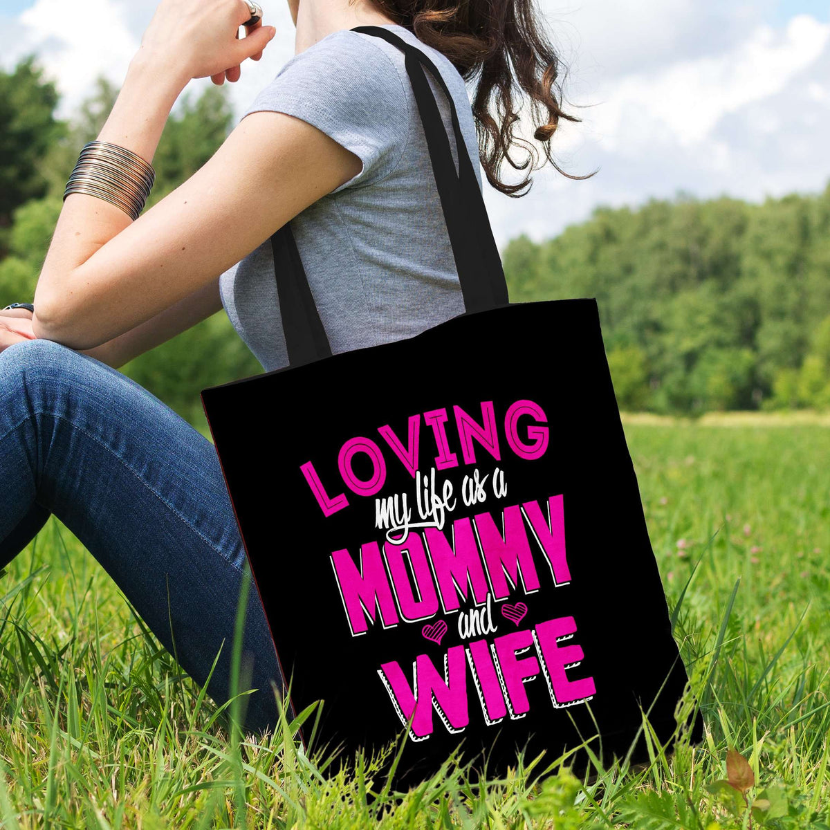 Designs by MyUtopia Shout Out:Loving My Life As Mommy and Wife Fabric Totebag Reusable Shopping Tote