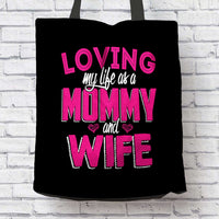 Load image into Gallery viewer, Designs by MyUtopia Shout Out:Loving My Life As Mommy and Wife Fabric Totebag Reusable Shopping Tote
