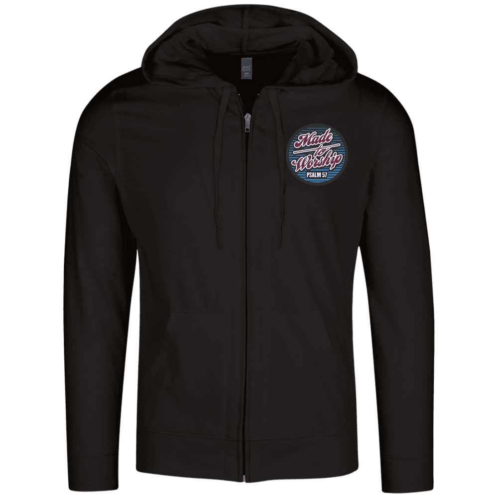 Designs by MyUtopia Shout Out:Made To Worship Psalm 57 Embroidered Lightweight Full Zip Hoodie,X-Small / Black,Sweatshirts
