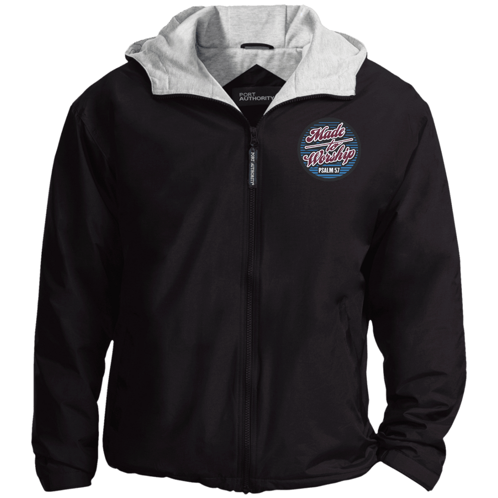 Designs by MyUtopia Shout Out:Made To Worship Psalm 57 Embroidered Team Jacket,Black/Light Oxford / X-Small,Jackets