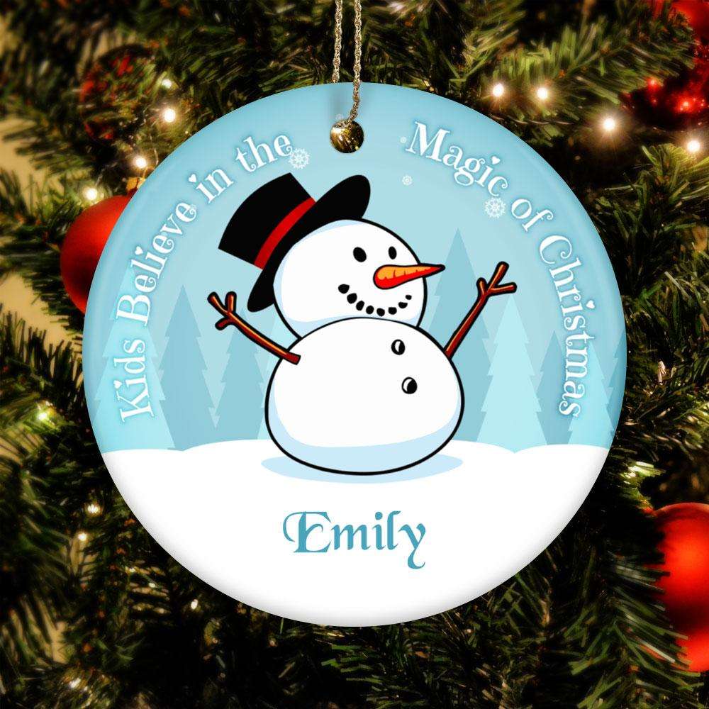 Designs by MyUtopia Shout Out:Magic of Christmas Snowman Personalized with Name Ceramic Circle Ornament,White / One Size,Personalized Christmas Ornament