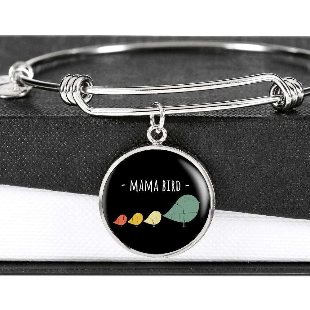Designs by MyUtopia Shout Out:Mama Bird Engravable Keepsake Bangle Round Bracelet - Black,Silver / No,Bracelets