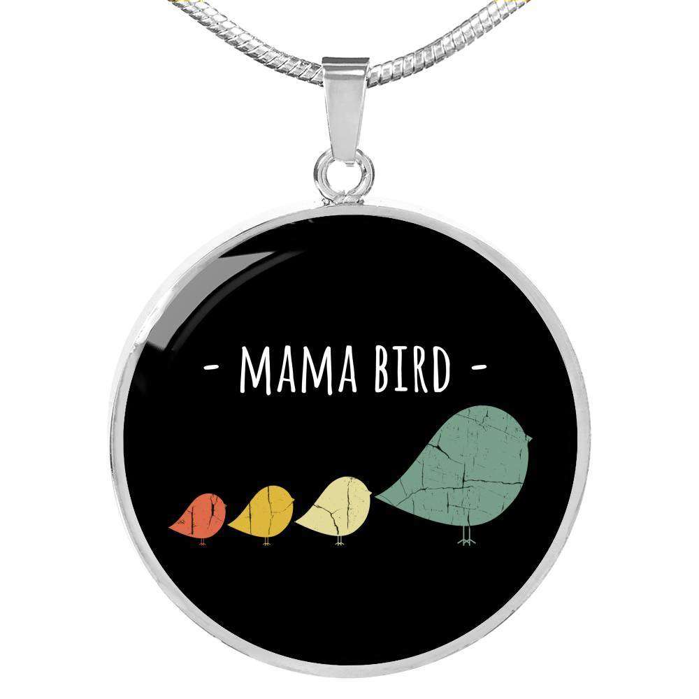 Designs by MyUtopia Shout Out:Mama Bird Engravable Keepsake Round Pendant Necklace - Black,Silver / No,Necklace