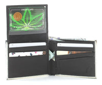 Load image into Gallery viewer, Designs by MyUtopia Shout Out:Marijuana Leaf Vegan Leather Bifold Men&#39;s Wallet with Flip Up ID Window
