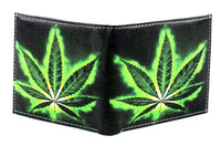 Load image into Gallery viewer, Designs by MyUtopia Shout Out:Marijuana Leaf Vegan Leather Bifold Men&#39;s Wallet with Flip Up ID Window
