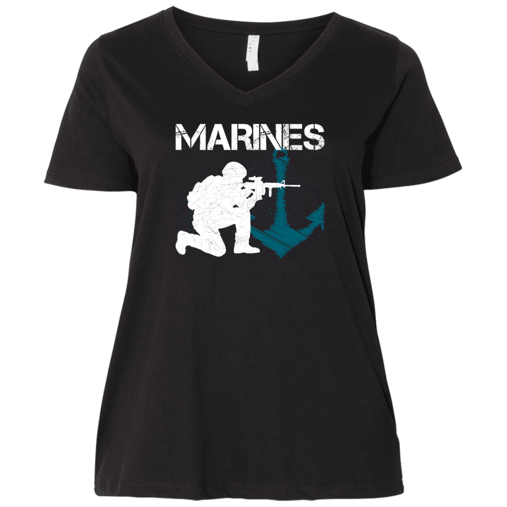 Designs by MyUtopia Shout Out:Marines Patriotic Anchor Ladies' Curvy V-Neck Plus Size T-Shirt,Plus 1X / Black,Ladies T-Shirts