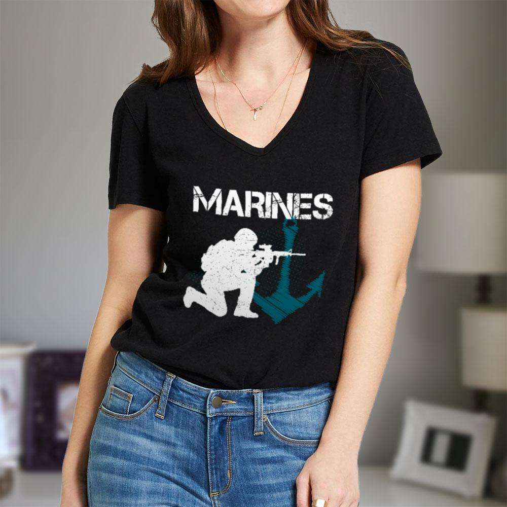 Designs by MyUtopia Shout Out:Marines Patriotic Anchor Ladies' V-Neck T-Shirt