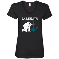 Load image into Gallery viewer, Designs by MyUtopia Shout Out:Marines Patriotic Anchor Ladies&#39; V-Neck T-Shirt,S / Black,Ladies T-Shirts
