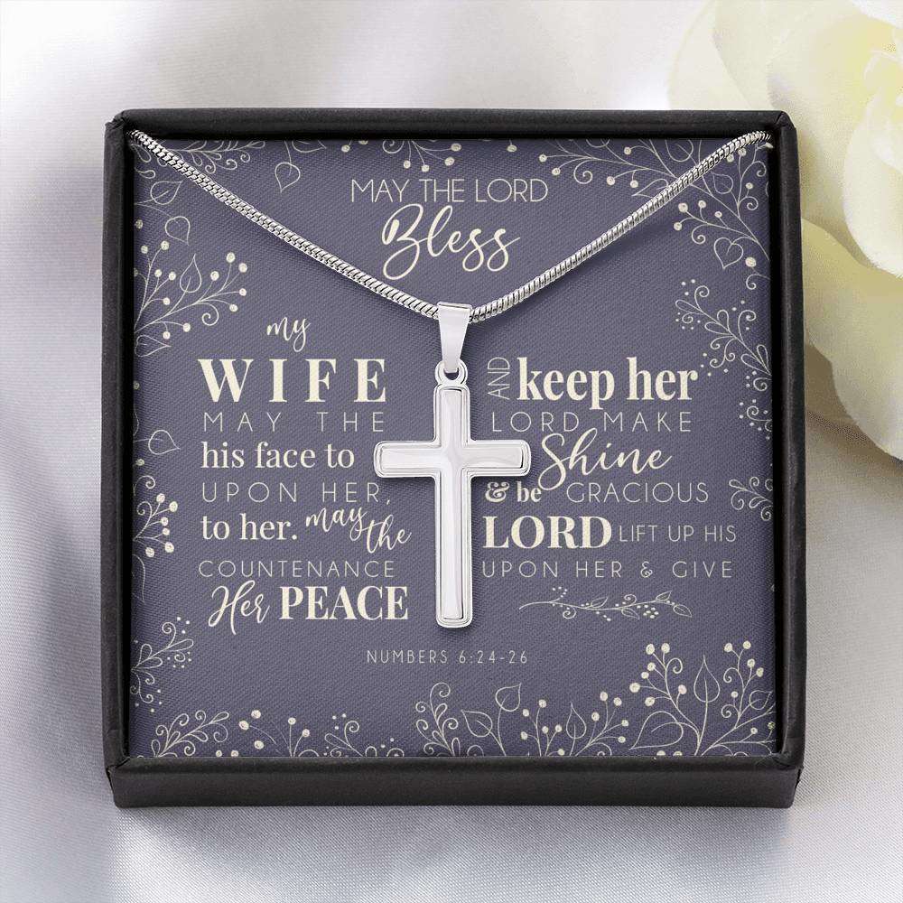 Designs by MyUtopia Shout Out:May The Lord Bless My Wife Gift Necklace with Personalized Message Card - Artisan Cross Necklace with Bible Verse Numbers 6:24-26,Default Title,Cross Necklace