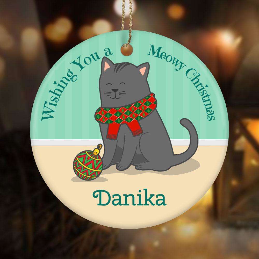 Designs by MyUtopia Shout Out:Meowy Christmas Cat with Scarf Ceramic Circle Ornament Personalized with Cat Name