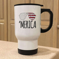 Load image into Gallery viewer, Designs by MyUtopia Shout Out:&#39;Merica Shades 14 oz Stainless Steel Travel Coffee Mug w. Twist Close Lid,White / 14 oz,Travel Mug
