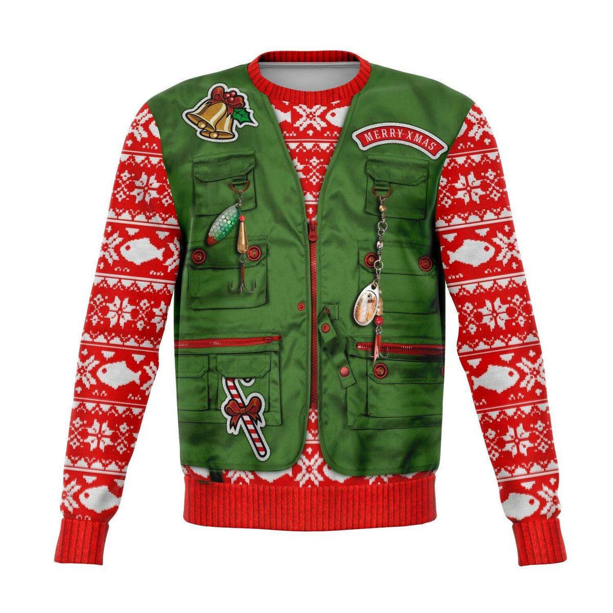 Designs by MyUtopia Shout Out:Merry Fishmas - Fishermans Funny Christmas Fleece Lined Fashion Sweatshirt,XS / Multi,Fashion Sweatshirt - AOP