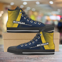 Load image into Gallery viewer, Designs by MyUtopia Shout Out:Michigan Do More Say Less Wolverines Basketball Fan Canvas High Top Shoes
