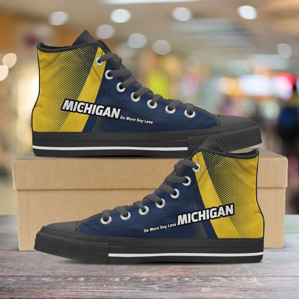 Designs by MyUtopia Shout Out:Michigan Do More Say Less Wolverines Basketball Fan Canvas High Top Shoes