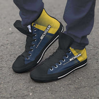 Load image into Gallery viewer, Designs by MyUtopia Shout Out:Michigan Do More Say Less Wolverines Basketball Fan Canvas High Top Shoes
